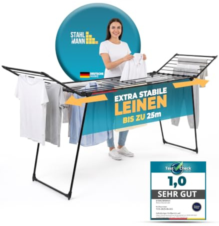 STAHLMANN® Wäscheständer ausziehbar XXL [25m] Flügel schwarz klappbar | Flügelwäscheständer ausziehbar | 25 m Trockenfläche | XXL & platzsparend klappbar | schwarz | Made in EU