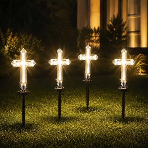 Lot de 4 lampes solaires en forme de croix sur piquet de jardin pour cimetière, tombe, lumière blanche chaude/7 LED à changement de couleur, décoration extérieure étanche pour pelouse, jardin et