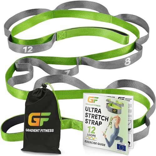Gradient Fitness Stretching Strap for Physical Therapy, 12 Multi-Loop Stretch Strap 1 W x 8' L, Neoprene Handles, Physical Therapy Equipment, Yoga Straps for Stretching, Leg Stretcher (Green)