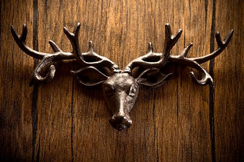Homezone Vintage Cast Iron Stag's Head Coat Hanger With 6 Antler Coat Hooks Wall Mounted Antique Finish Metal Clothes Hanger Rack Coat Rack Key Holder Home Décor Wall