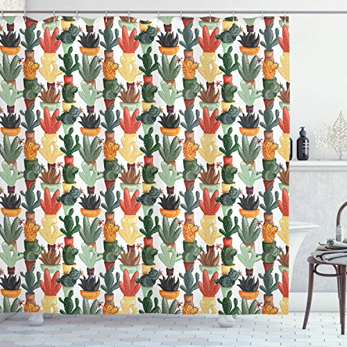 ABAKUHAUS Kaktus Duschvorhang, Mexikanischer Sukkulente, Stoffliches Gewebe Badezimmerdekorationsset mit Haken, 175 x 180 cm, Grün Orange