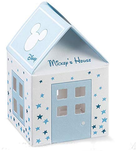 Wholesale and Saving 12 Mickey Mouse Houses in White and Sky Blue cardboard with Blue Stars confetti holder, signed Disney, Favors Birth Birthday Male (with Sky Blue Confetti)