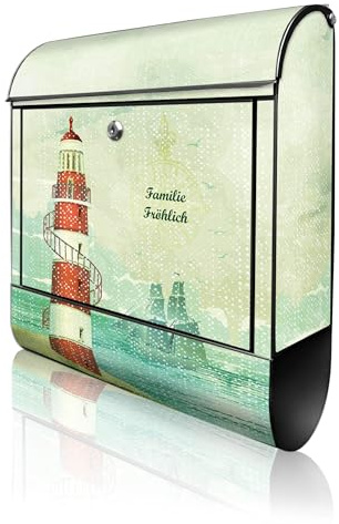 banjado Design Briefkasten personalisiert 38,5x46,5x13cm & 2 Schlüssel - Briefkasten Stahl Schwarz Zeitungsfach pulverbeschichtet - Postkasten A4 Einwurf inkl. Montagematerial - Motiv Alter Leuchtturm