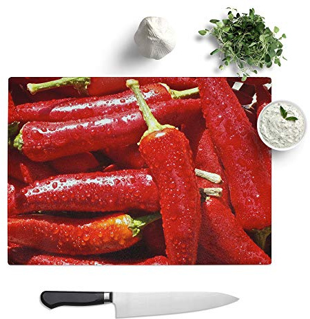 Glass Chopping Board, Red Chilli Peppers, 39x28.5 cm | Textured Glass Worktop Saver with Non-slip Feet, Hygienic Cutting and Serving Board for Protecting Kitchen Surfaces