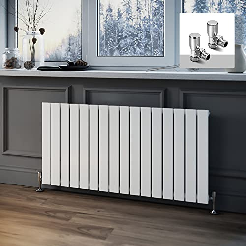 ELEGANT Horizontal Column Designer Radiator Oval Flat Panel White Modern Central Heating Radiators Single Panel 600 x 1216 mm + Valves Chrome