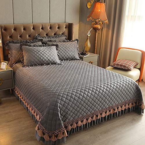 CXLT Luxus Kristall Samt Tagesdecke/Bettueberwurf Baumwolle Gesteppte Bettdecke 3-teilige Bettwäsche Set Spitze Dekoration Dickes Bettlaken Mit 2 Kissenbezügen,Grey-SuperKing:250x270cm+50x70cmx2