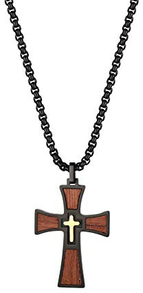 Flongo Herren-Kette Rosenkranz Holz Kreuz Kette Männer Anhänger Halskette Schwarz Silber Gold Herren-Accessoires