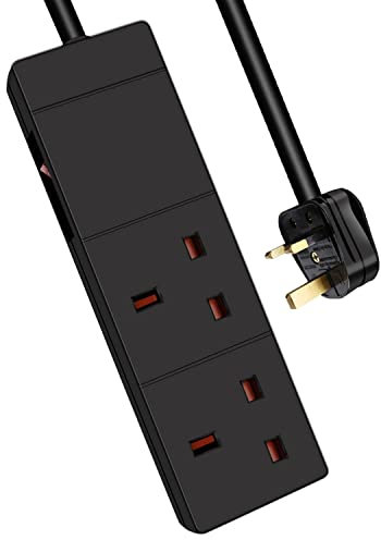 EXTRASTAR 2 Gang Extension Lead with Led Indicator and Side Switch in Black, 1M Extension Cord 13A UK Plug Max 3120W, 2 Socket Power Strip for Home Office School