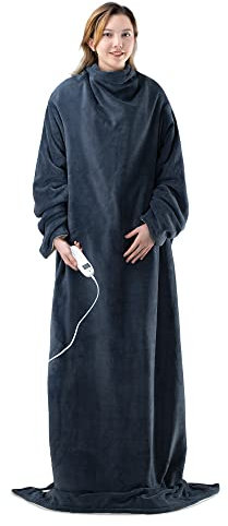 Navaris Electric Blanket with Sleeves - Adult Heated Wearable Soft Plush Fleece Throw with Adjustable Heat and Auto Shut Off Timer - Dark Blue/Cream