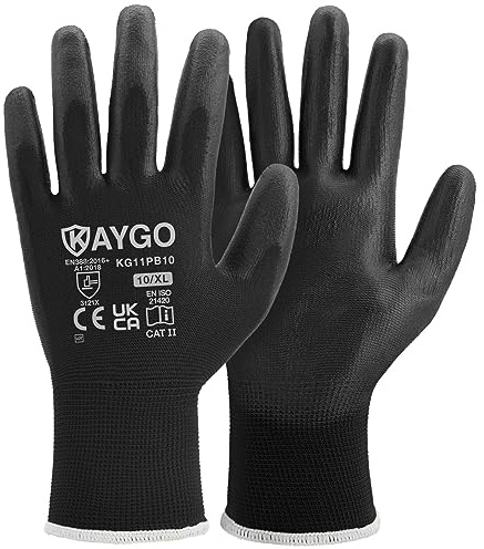 KAYGO 12 Paar Arbeitshandschuhe für Herren Damen, PU beschichtet, KG11PB | Schutzhandschuhe, antirutsch Griff an Handflächen Fingern, Geeignet für allgemeine Arbeit DIY Garten (Schwarz, XL, Gr 10)
