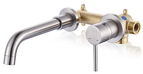 ARCORA Wall Mount Bathroom Faucet, Brushed Nickel Single Handle Vanity Faucet with Swivel Spout and Rough-in Valve
