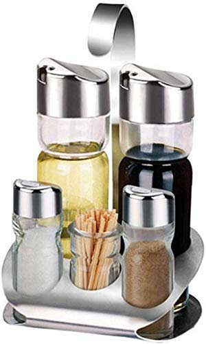 TSTSM Set di ampolle in Acciaio Inox 5 Pezzi, Porta aceto Olio Sale Pepe con Scatola stuzzicadenti, Bottiglia Dispenser Olio da Cucina aceto, per Cucinare Insalata Barbecue Cucina