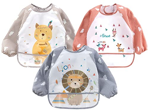 YINGJEE Baberos del Bebé Impermeable, 3 Piezas Babero con Mangas EVA Impermeable Babero de Manga larga Niños Niñas 6-36 Meses, Baberos Bebe Impermeables para comer, beber y jugar (color 11)