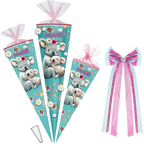 alles-meine.de GmbH Schultüte mit 3D Stoff - Blüten ! süße Koala Familie 35-85 cm Größe wählbar inkl. Name - + Kunstoff Spitze + Schleife - Tüllabschluß/Filzabschlu..