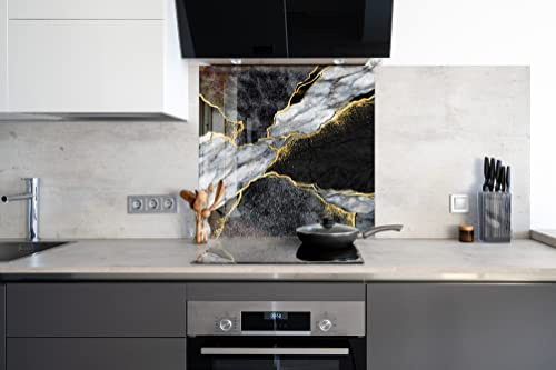 Myphotostation White and Black Marble Tempered Glass Backsplash 70WX43H'' Abstract Splashback for Kitchen Wall Decor Bathroom Wall Protector Stove Backsplash Panel Tile Glass Splashback Kitchen