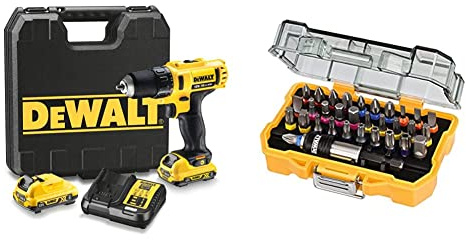 DEWALT DCD710D2-qw Trapano Avvitatore, 2 velocità, 2.0 Ah, con Doppia Batteria in Valigetta, 10.8 V, Giallo/Nero & DT7969-QZ Set Avvitatura Composto da 32 Pezzi Assortiti, Adattatore Magnetico 1/4