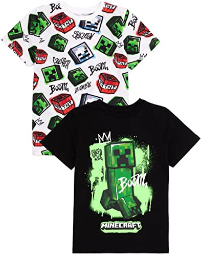 Minecraft T-Shirt 2 Pack Kids | Boys Girls Skeleton Boom Creeper Game Characters Black And White Top | Short Sleeve Clothing, 9-10 Years
