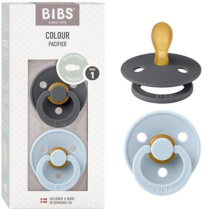 BIBS Colour Symmetrical Schnuller 2er Pack, BPA-frei Dummy-Schnuller, Symmetrischer Nippel. Naturkautschuk/Latex, Hergestellt in Dänemark. 0-6 Monate (2er Pack), Iron/Baby Blue