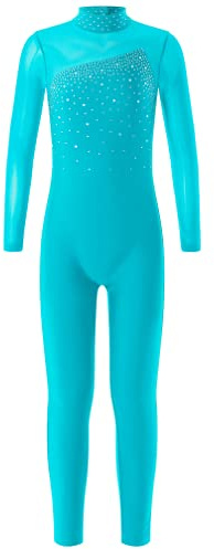 MSemis Kinder Mädchen Turnanzug Langarm Sportbody Ganzkörper Gymnastikanzug Ballettanzug Glitzer Trikot mit Stehkragen Trainingsanzug Blauer See 134-140