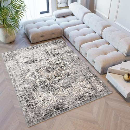 TAPISO Valley Teppich Kurzflor Vintage Grau Schwarz Blumen 80 x 150 cm | Orientalisch Used Effekt Meliert Verwischt Wohnzimmer Schlafzimmer OEKO-TEX