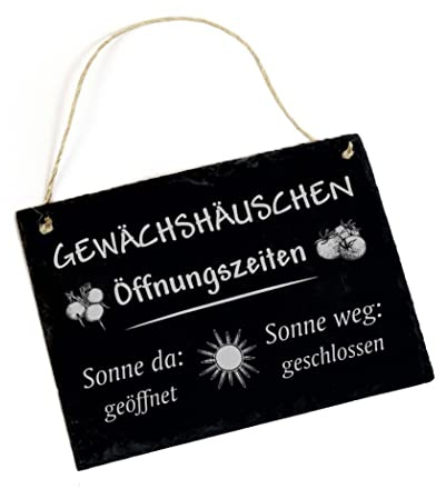 Dekolando Gewächshäuschen Öffnungszeiten Schild Schiefer graviert Gewächshaus Türschild Gartendeko 22 x 16 cm