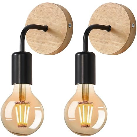 Tealight 2 Pezzi Applique da Parete Interno, Applique Camera da Letto, Lampade per corridoio, Lampada parete Legno, Lampada a Muro Vintage E27 per Ristorante, Camera da Letto, Soggiorno