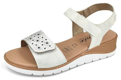 JOMIX Sandali Donna Estive Bassi Sandali Zeppa Strass Eleganti a Strappo Regolabile da Mare Spiaggia in Vera Pelle Made in Italy TD2942 (Bianco, 39)