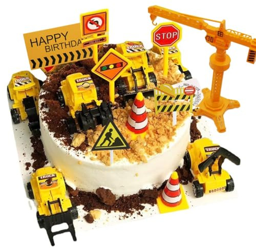 Kuchen Deko Baustelle Set, 18 Stück Bagger Tortendeko, Bagger Kuchendeko Auto, Baufahrzeug Cupcake Topper, Verkehrsschilder Spielzeug, für Kinder Geburtstag Party Dekoration
