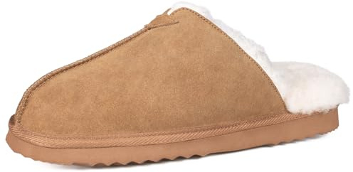 Parfeying Men's Sheepskin Shearling Slippers, Anti-slip Rubber Sole Indoor Outdoor Cow Suede Leather Slip on Slippers for Men,M23611 CHES 9US