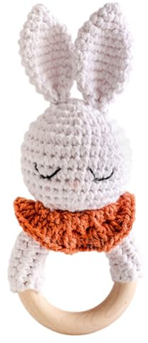 Aublinto Baby Beißring Baby Beissring Zahnungshilfe Gehäkelte Babyrassel Häkeln Holz Greifling Baby Rassel Geschenk zur Geburt Handmade Junge und Mädchen Geschenk zur Geburt