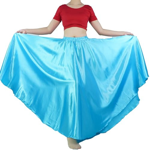 MUNAFIE Damen Lang Satin Rock Bauchtanz Rock Tanzrock Bauchtanz Kostüm für Leistung Karneval Hellblau