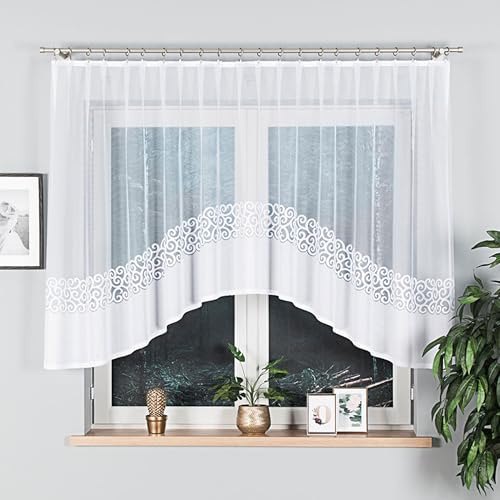 Gardinen Vorhangen Weiß 250x130 cm (BxH) Triporti Stores Küchengardinen Gardinen Kurz Jacquard Scheibengardine Vorhänge Fertiggardine Bogen Kurzstores