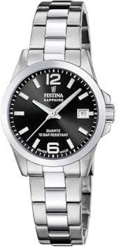 Festina Swiss Made Damenuhr Analog aus Edelstahl 316l Silberfarben | Quarzwerk, Robustes Saphirglas, Wasserdicht 10 ATM, Kalender F20049/6, Classic Steel