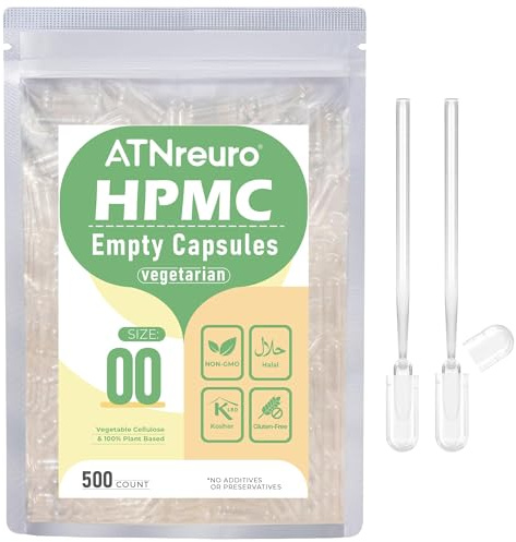 ATNreuro Capsule Vegetali Vuote Taglia 00 (500 pezzi), con 2 Micro Cucchiai, Vegetariano Trasparente, Compatibile con il Riempimento di Capsule di Dimensioni 00