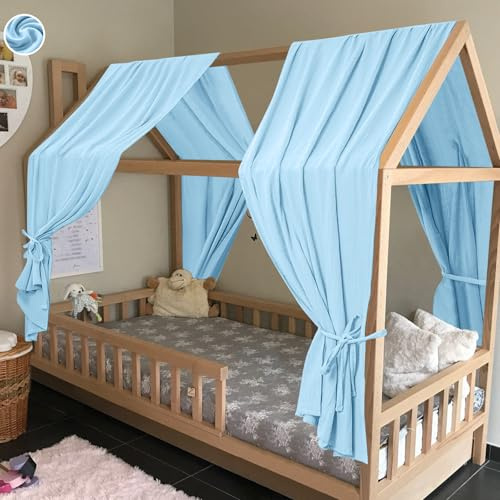 HOTUT Hausbett Himmel,2 Betthimmel Hausbett aus 100% Baumwolle Musselin Handmade,Weich und atmungsaktiv für Kinderbett Kinderzimmer,Betthimmel für Hausbett Deko Mädchen Jungen,62 x 270cm,Himmelblau