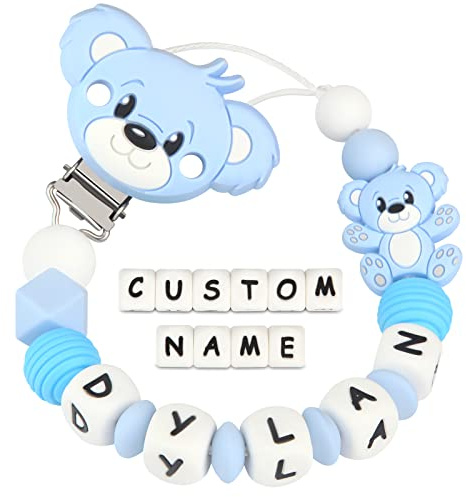 Kowlone Cadenas Chupetes Personalizado para Bebé con Nombre Silicona Teddy Oso Chupetero Niño Chicas(Azul Claro)