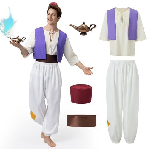 Joellfuner Aladdin Kostüm Mann, Aladdin Kostüm Herren, Prinz Ali Aladdin Kostüm mit Arabischer Prinz Weste, Aladdin Lampe, Hemden, Hüte, Aladinhose für Mottoparty Karneval Fasching (M)