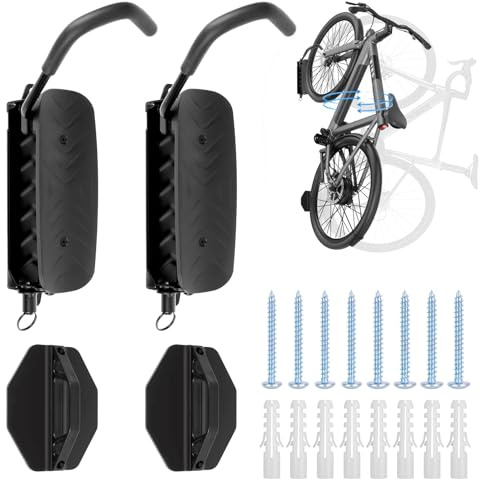 TOTSUN 2 Set Swivel Bike Wall Mount, Black Vertical Bike Stand, Bike Hooks for Wall, Bicyckle Storage Rack for Garage - MTB & Road Bike, Holds up to 30KG/66lbs