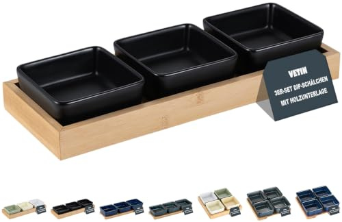 VETIN Keramik Dipschalen Set mit Holzbrett, Snackteller für Snacks (Schwarzes 3er-Set)