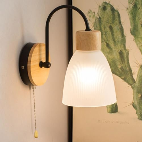 Indoor Wall Light with Pull Cord Switch Wall Lamp Wood Modern Glass Shade Interior Decor Round E27 Socket Industrial Wall Sconces Metal Mounted Simple for Bedroom Reading Bedside (Black,1 Pack)