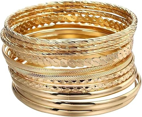 MisFun Armreif Gold, 12 Stück Armreifen Damen, Goldener Schmuck Women, Stapelarmbänder Boho Mode Armbänder Damen, Stapelbare Mehrschichtiges Armband, Glattes Armbandset Für Frauen (Gold)