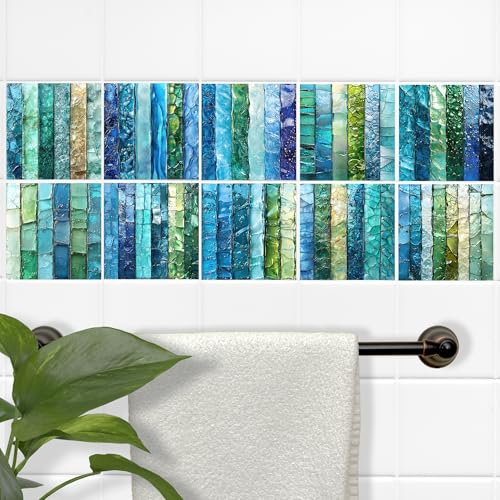 GRAZDesign Wasserdichte Fliesenaufkleber für Bad & Küche - Selbstklebend, Blauer Mosaik-Look - 15x15cm / 10 Stück