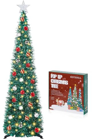 SINTENILL 5 FT Pop Up Christmas Tree with Timer Lights and Decorations, Green Tinsel Artificial Christmas Tree with 24 Balls Ornaments, Collapsible Pencil Tree for Xmas Home Office Party Decor