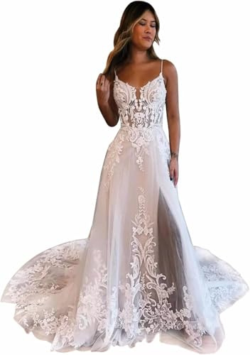 Loravita Lace Wedding Dresses for Bride Spaghetti Straps Bridal Gown V Neck Wedding Party Dress with Slit White Plus Size 16