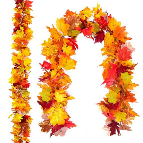 2 Pack Artificial Autumn Leaves Garland for Home Decoration,Maple Leaf Fall Garlands Hanging Plant with Hooks for Indoor & Outdoor,Halloween Autumnal Vines Wreath Decorations,Fake Autumn Leaves Decor