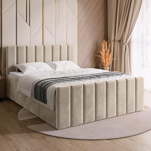 BROMARKT Boxspringbett mit Matratze 140x200cm Bett mit Topper Beige | Polsterbett mit Bettkasten Doppelbett mit Stauraum für Schlafzimmer gepolsterte Kopfteil Bed Bonell H3 DENVER DUO