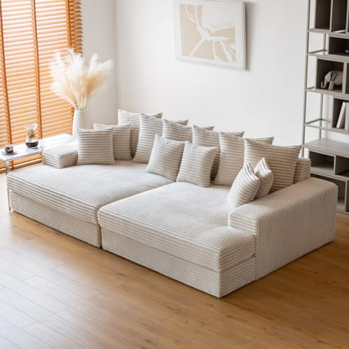 CONCEPT USINE Canapé 4 Places Cardiff Velours Côtelé Beige 262cm | 2 Modules Symétriques, 12 Coussins Déhoussables, Assise Profonde, Salon Chic