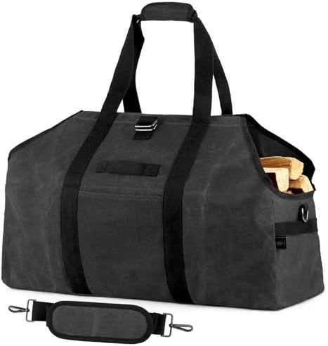 Firewood Bag Firewood Basket Carry Bag Firewood Bag Firewood Carrier Waxed Canvas Waterproof Extra Large Freestanding Wood Carry Bag - (Dark Grey)