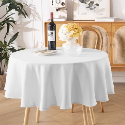 Tischdecke Abwaschbar Weiß – Rund 140cm Tischtuch aus Polyester in Leinenoptik, Wasserabweisend mit Lotuseffekt, Kratzfest und Pflegeleicht für Wohnzimmer, Esszimmer, Balkon & Garten