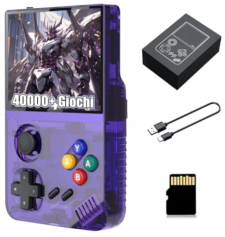 M19 Console di gioco portatile retrò con 40000 giochi,console di gioco retrò con 25 emulatori,schermo IPS da 3,5 pollici,640x480P,sistema EmuELEC Console di gioco portatile multilingue (Viola 256G)